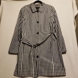 Talbots 18 Jacket Long Line Light Rain Coat Black White Gingham Preppy Classic